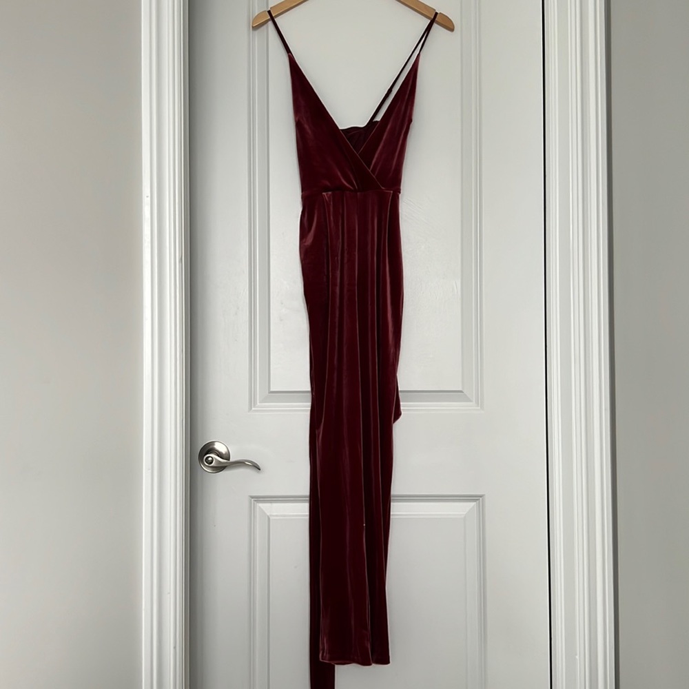 Express velvet burgundy jumpsuit